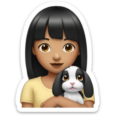 Little girl with black bangs holding rabbit sticker