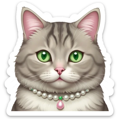 fluffy, slightly chubby, light grey tabby cat with green eyes, white tummy, and a pearl necklace  sticker