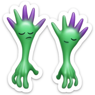green alien with purple hands and feet and midsection with pointy green ears and big smile sticker