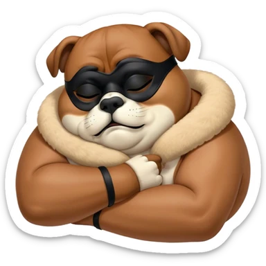 Cinematic Chubby Sleeping Boxer Portrait Emoji, Chubby and serene, with a stocky, adorable build and a smooth fawn coat accented by a distinctive black mask, eyes gently closed in peaceful slumber, Simplified yet irresistibly endearing features, highly detailed, glowing with a gentle, dreamy glow, high shine, relaxed and content, stylized with a touch of whimsy, bright and heartwarming, soft glowing outline, capturing the essence of a blissfully sleepy guardian, so comically serene it feels like it could roll out of the screen and snore with adorable charm! sticker