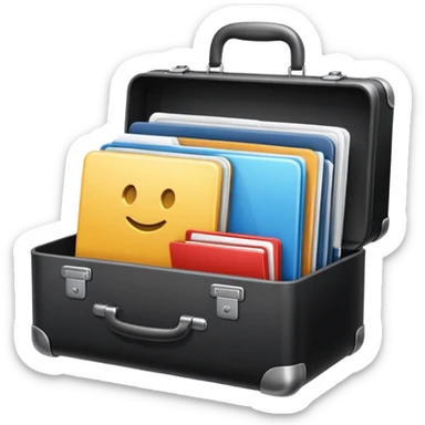 business suitcase filled with icons for CRM, tasks, chat, and documents, unified productivity platform, clean modern emoji style sticker
