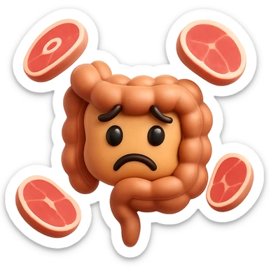 emoji stile iphone in 3d di un intestino triste con fette di carne che gli fluttuano intorno sticker
