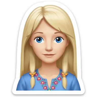 50 yr old white woman, hippie part bangs, very long straight blond hair, oval face, small smile, blue eyes, thin face, hair downback, hair parted at center of head, round cheeks, pale, longer hair, dress shirt sticker