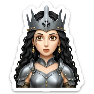 realistic cinematic actress Cher in baroque styling like Joan of Arc dirty damaged armor in a forest sticker