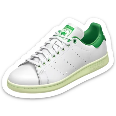 Adidas Stan Smith in white and green colorway, simple clean tennis shoe, white leather with green details, angled view, isolated sticker