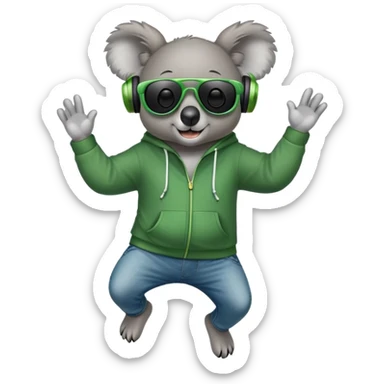anthropomorphised koala, full body, wearing a hoodie and jeans, dark sunglasses, headphones, dressed for St. Patrick's Day, jumping sticker