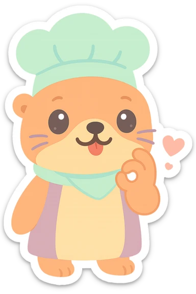 Move the otter's hand so it is almost touching its mouth in the chef's kiss gesture, keep the red heart, kawaii style with transparent background. sticker
