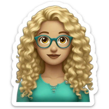 a young woman with long blonde curly hair, golden round glasses and blue-green eyes sticker