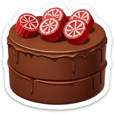 Bolo de chocolate cilíndrico, com fatias de morango em cima e a parede do bolo ao redor de kitkat sticker