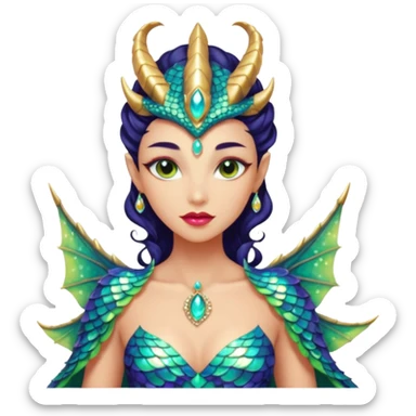 Am amazing blend of a half dragon woman with glittering jeweled scales covering her body. She has large almond shaped eyes, lush lips, and she wears a stunning luminescent gown. sticker