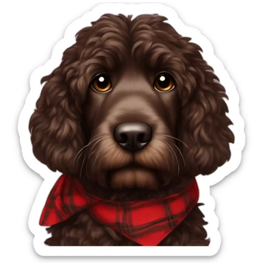 portrait Dark chocolate colored doodle with wavy fur wearing a red and black flannel handkerchief sticker