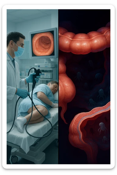 A split-screen medical illustration in cinematic style: on the left side, a doctor performing a colonoscopy on a patient in a sterile clinic, with the endoscopic camera displaying clean, healthy mucosal surfaces on a screen. On the right side, a symbolic cross-section of the same intestine — but shown in deeper layers beneath the surface, where parasitic organisms (small, translucent or shadowy figures) hide between folds and tissues not visible via standard scope. The contrast is clear: what is seen vs. what remains hidden. Lighting on the left is bright, sterile, clinical; lighting on the right is darker, with red and blue tones to suggest inflammation and invasion. Shot in hyper-realistic 3D medical style, educational but emotionally charged IN ITALIANO sticker