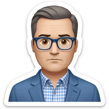 50-year-old heavyset man with very wide face and prominent square jawline. Short straight hair combed to the side, not balding. Large dark square glasses. Serious-relaxed expression. Light gray jacket that fits his larger frame, white shirt with blue checkered pattern. sticker