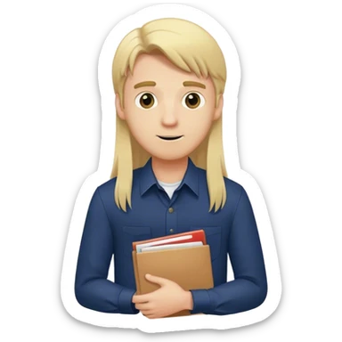 Guy with long straight blonde hair and navy button up holding a school packet sticker