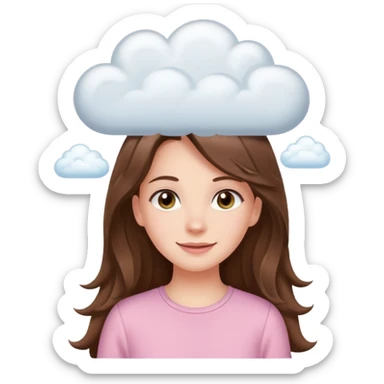 happy white long brunette hair girl with hazel eyes in light pink with white cloud thought bubble sticker