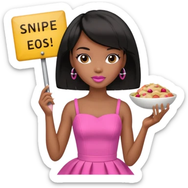 Black barbie, short  black bob  hair, pink dress eating with a sign that says snipe sticker