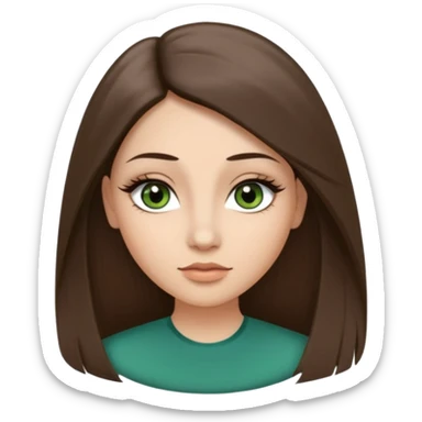 Adult woman avatar, light skin tone, oval face, long straight ashy brown hair, green almond-shaped eyes with dramatic eyelashes and minimal eyeliner, neutral mouth, medium straight eyebrows, small nose, smooth skin sticker