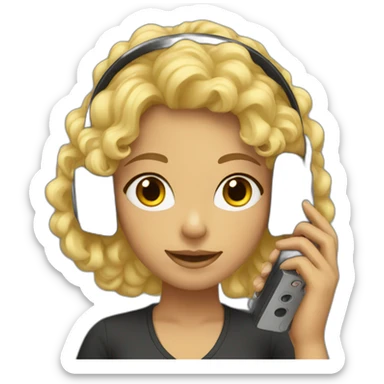 A woman with blond and curly hair and wearing headphones and a phone sticker