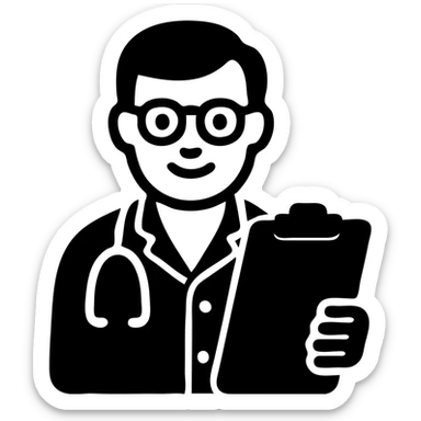 doctor wearing classic white coat and glasses, holding clipboard, friendly expression, flat icon style sticker