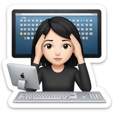A girl is in front of a computer and is holding her head.The one with black hair And the computer is of a certain type hp sticker