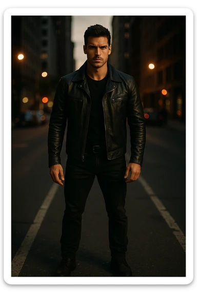 A confident, strong man standing in the middle of a city street at dusk, wearing a black leather jacket and boots, sharp jawline, intense gaze. Radiating masculine energy. Cinematic lighting, moody urban background, dramatic shadows, shallow depth of field. 35mm film style sticker