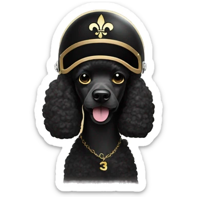 Black poodle wearing a gold football helmet with black stripe and gold fleur de lis emblem sticker