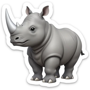 cinematic-rhino-full-body-standing-emoji,white horn, slate grey skin -massive-body-poised-powerfully,-thick-horn-curving-slightly-forward,-head-tilted-dramatically,-rough-grey-hide-covered-in-dust,-simplified-focused-features, large cute black eyes sticker