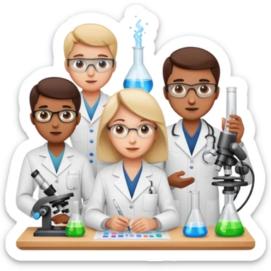 R&D team collaborating with lab equipment and charts sticker