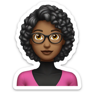 Mulher de pele branca com cabelo médio, preto, sobrancelhas grossas, olhos brilhantes, óculos, boca rosada, olhos castanhos, duas covinhas, blusa de gola alta preta   sticker