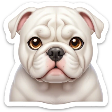 Cinematic Cute White English Bulldog Portrait Emoji, Head tilted playfully and inquisitively, featuring a silky pure white coat with a gentle sheen, round, sparkling brown eyes filled with curiosity, Simplified yet irresistibly adorable features, highly detailed, glowing with a warm, friendly glow, high shine, affectionate and charming, stylized with a touch of whimsy, bright and endearing, soft glowing outline, capturing the essence of a mischievous yet loving companion, so playful it feels like it could bound out of the screen and into your arms! sticker