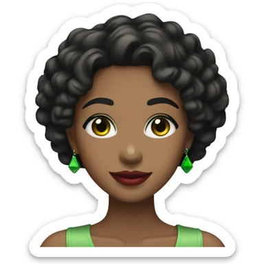 woman with black curly hair, red lips, green eyes and smile  sticker