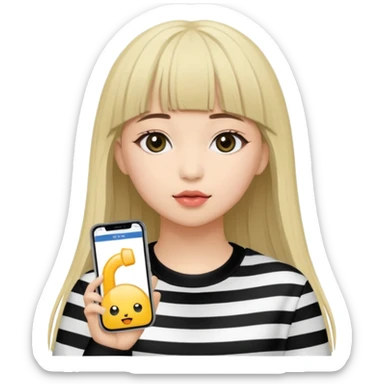 Coreeană cu breton , parul lung și saten, poartă o haină de scenă cu un microfon în mână pe care scrie "Lalisa" sticker