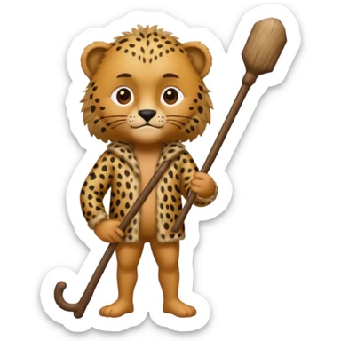 Give me a human who has hunch back and wearing cheetah print clothes  lot of hair on his body show full body and has a stick in his hand sticker