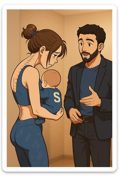 ispirati a questo stile di disegno e fai questa immagine in versione manga/webtoon a colori, il manga mostra la donna preoccupata di profilo con la postura sbagliata e incurvata, spalle chiuse e curve in avanti, con un neonato in braccio con una tutina azzurra e la scritta "S" sulla schiena, spina dorsale storta della donna in evidenza mentre ascolta l'uomo mentre l'uomo gli sta spiegando una cosa, ma non fare i fumetti, fai come se stessero parlando sticker