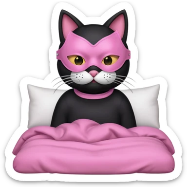 a black cat with pink mask and shirt, half upon
 sticker