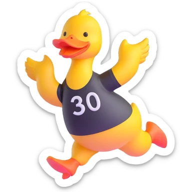 dancing duck with a race number sticker