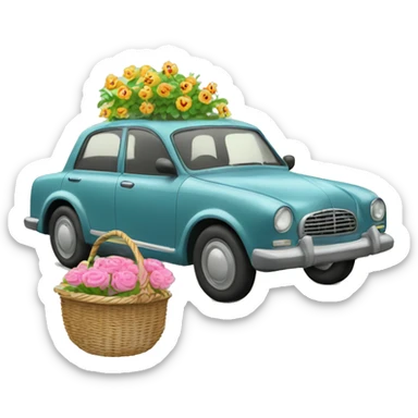 car wearing a bow tie going on a walk with a basket of flowers sticker