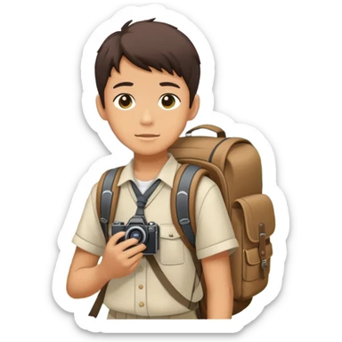 Japanese high school boy with camera and backpack during school field trip at historical site sticker