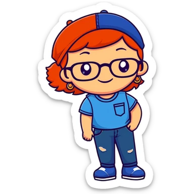 Young person with red hair, glasses, earrings and a wonderful smile, wearing blue clothes, jeans and a cap sticker