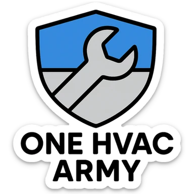 bold modern icon of a shield and wrench motif for HVAC installation company called One HVAC Army, blue and silver colors sticker