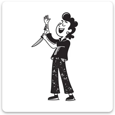hand-drawn sketch of a savage person in 1988 outfit with mullet hair, acid wash jeans, holding knife, laughing crazily sticker