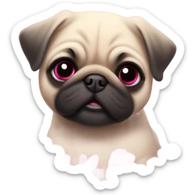 Baby pug playing in pink flowers with pink eyes  sticker