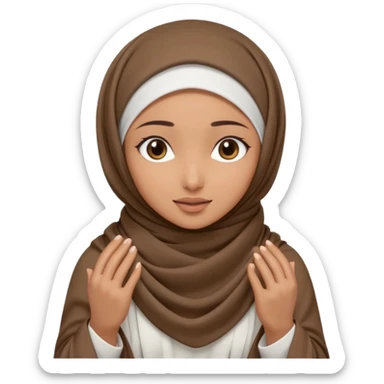 Hijabi girl sitting.     head covered
hands pulling the fabric in
shy-but-dramatic energy
“no cameras pls” but in a cute way
soft + mysterious vibe sticker