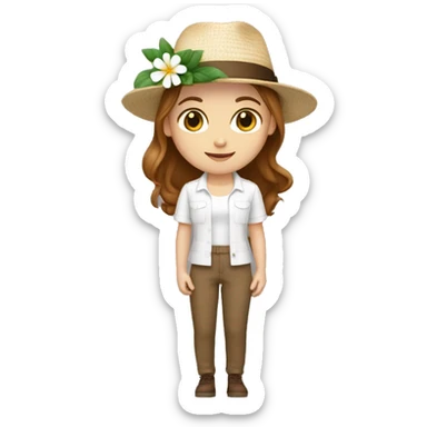 white girl with a flower in her hand, with a hat, shoulder-length brown straight hair, wearing jumpsuit with white shirt in it sticker