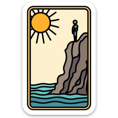 The Fool tarot card with sun in corner and figure near cliff sticker