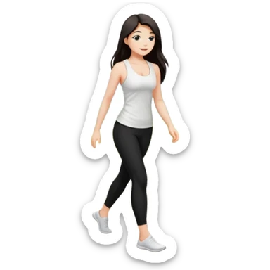 Девушка белокожая на боковой дорожке, с длинными темными волосами, в одежде для йоги - черные лосины, белый топ на тонких лямках, sticker
