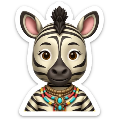 a-3d-cartoon-african-zebra-from-the-1800s-wearing-traditional-african-tribal-clothing,-calm-expression,-natural-background,-memoji-style-realism. sticker