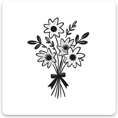 A beautiful bouquet of mixed flowers with ribbon in pastel colors (dd9fb0, ffc6d3, a3bfc9, c4bee2, f1b091), hand-drawn doodle style sticker