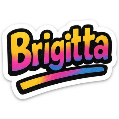 Brigitta name in modern colorful gradient font with dark outline, dynamic slanted or partial underline, transparent background, in the style of reference patterns sticker