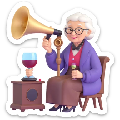 old lady with wineglass listening to gramophone sticker